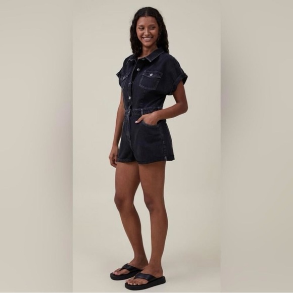 Cotton On Pants - Cotton On Denim Short Sleeve Button Front Playsuit Black Size 4